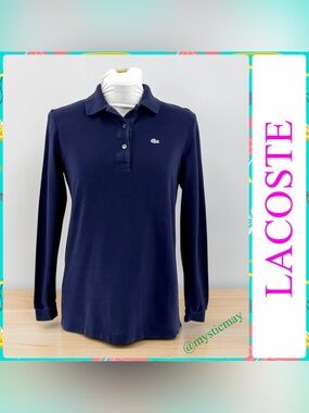 Women LACOSTE Classic NAVY BLUE POLO Shirt Long Sleeve Top Size 40 Medium